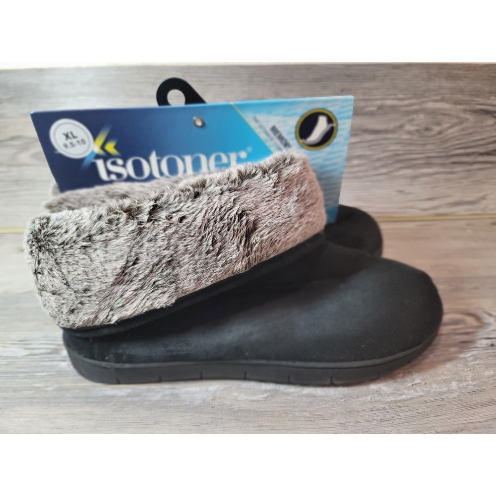 Isotoners NEW Slippers Boots Cuff size 9.5-10 Womans Memory Foam Black fur